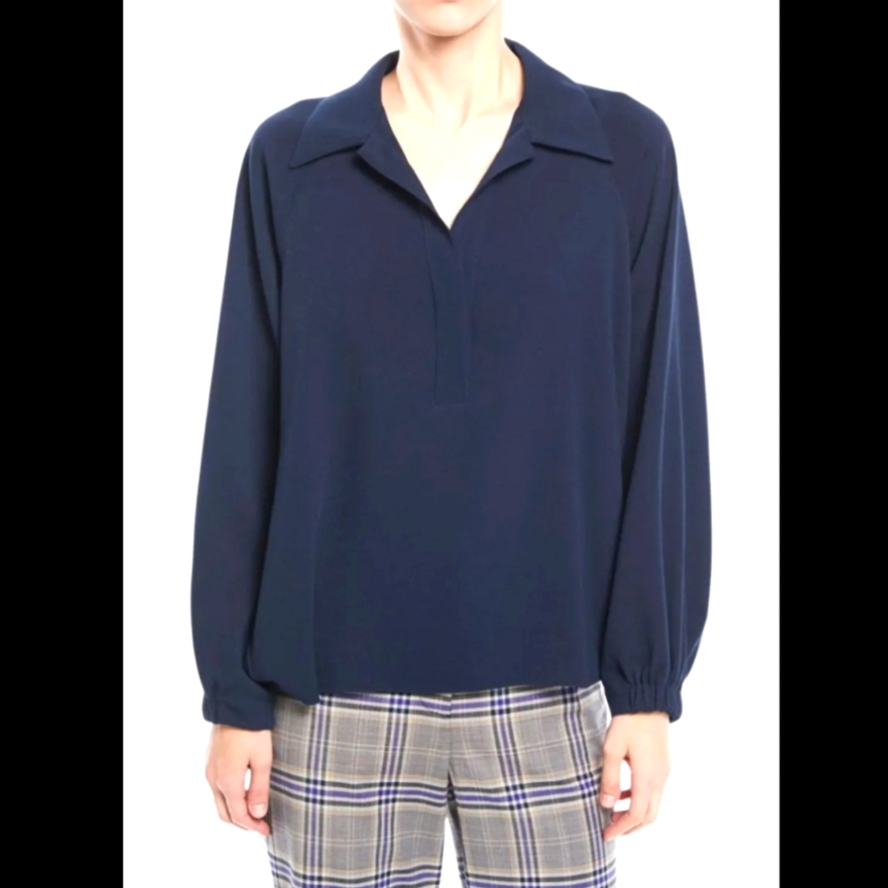 Tibi Savanna Easy Fit Crepe Polo Top. SZ M navy